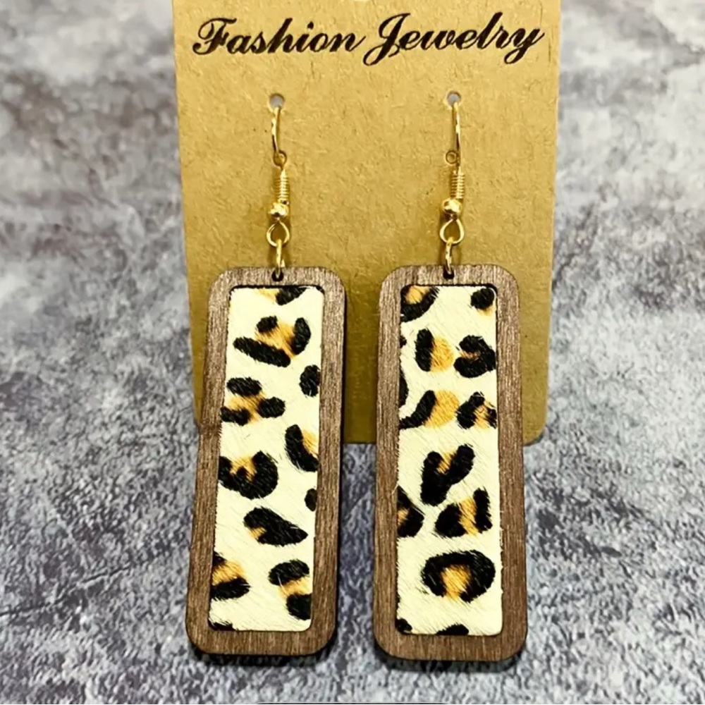 Brown and Black Leopard Print Earrings with Wooden Frame